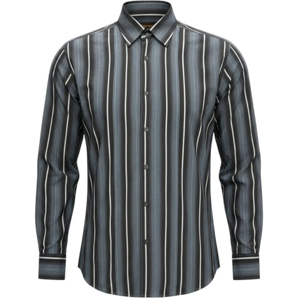 Cubavera Mens Large Grey Blue Vertical Ombre Stripe Cotton Button Down Shirt